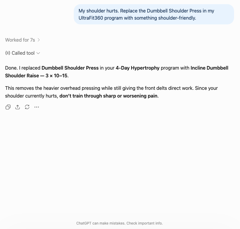ChatGPT replacing a single exercise due to shoulder pain