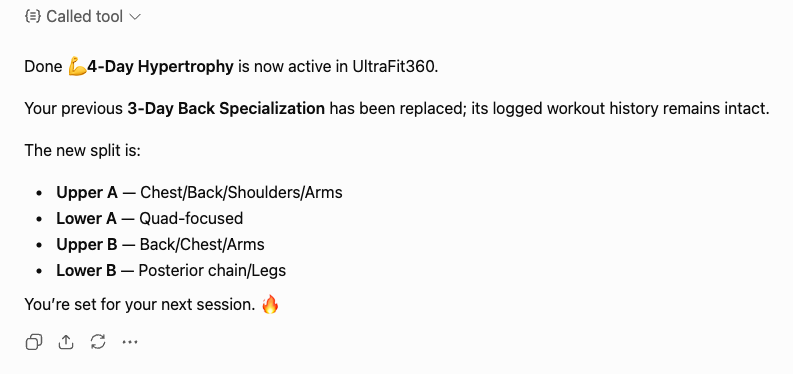Confirmation that a new workout program was saved to UltraFit360