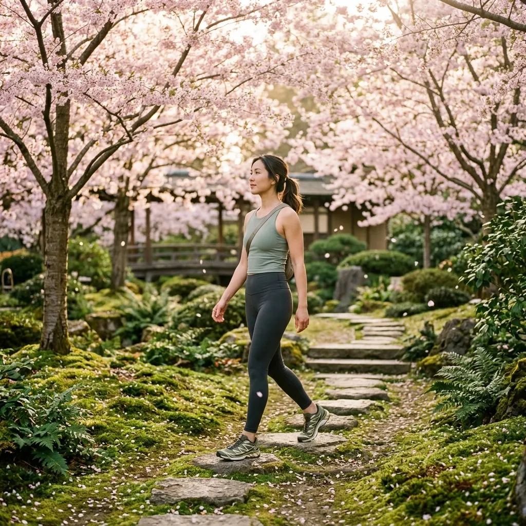 Person walking mindfully on a Japanese garden path surrounded by cherry blossom trees