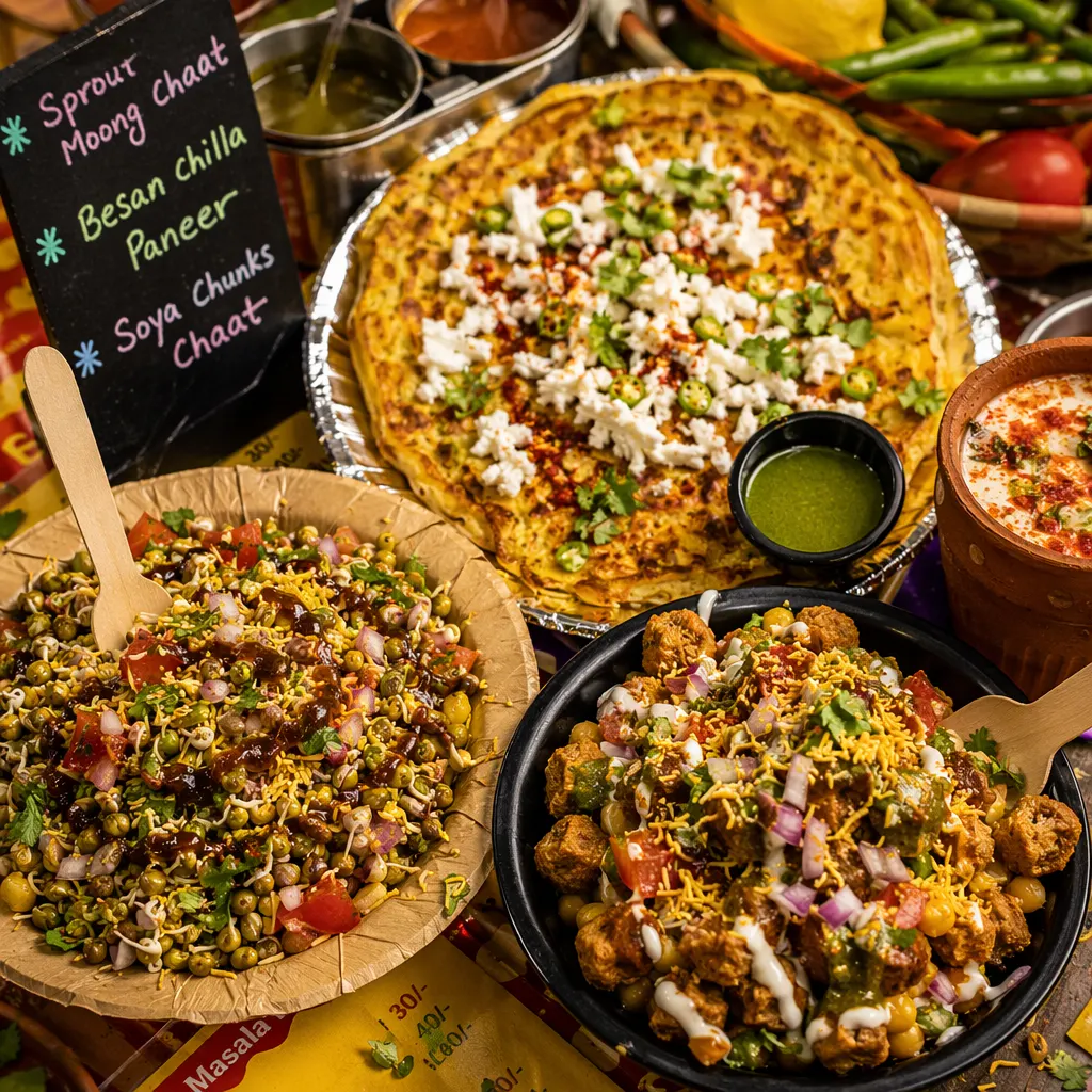 High-protein Indian street food spread — sprouted moong chaat, besan chilla and soya chunk chaat