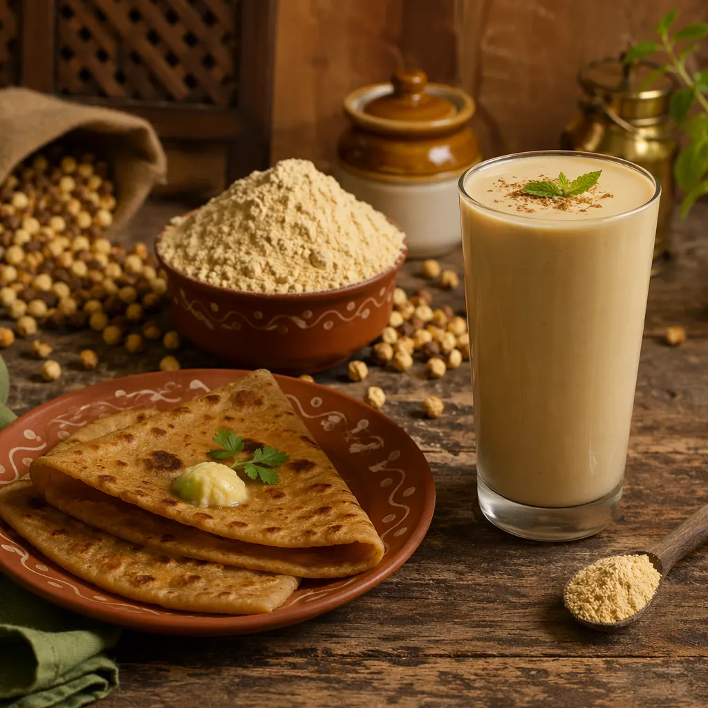 Sattu protein shake, sattu flour with roasted chana, and sattu paratha
