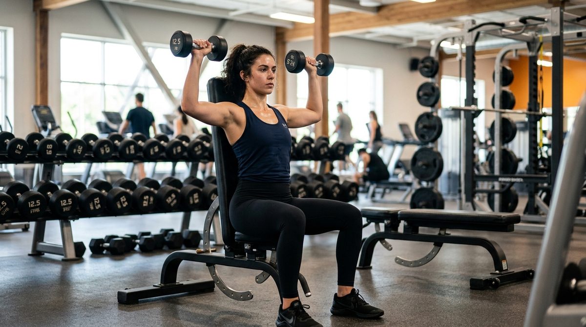 Modern gym with dumbbells, barbell rack, and workout plan on screen