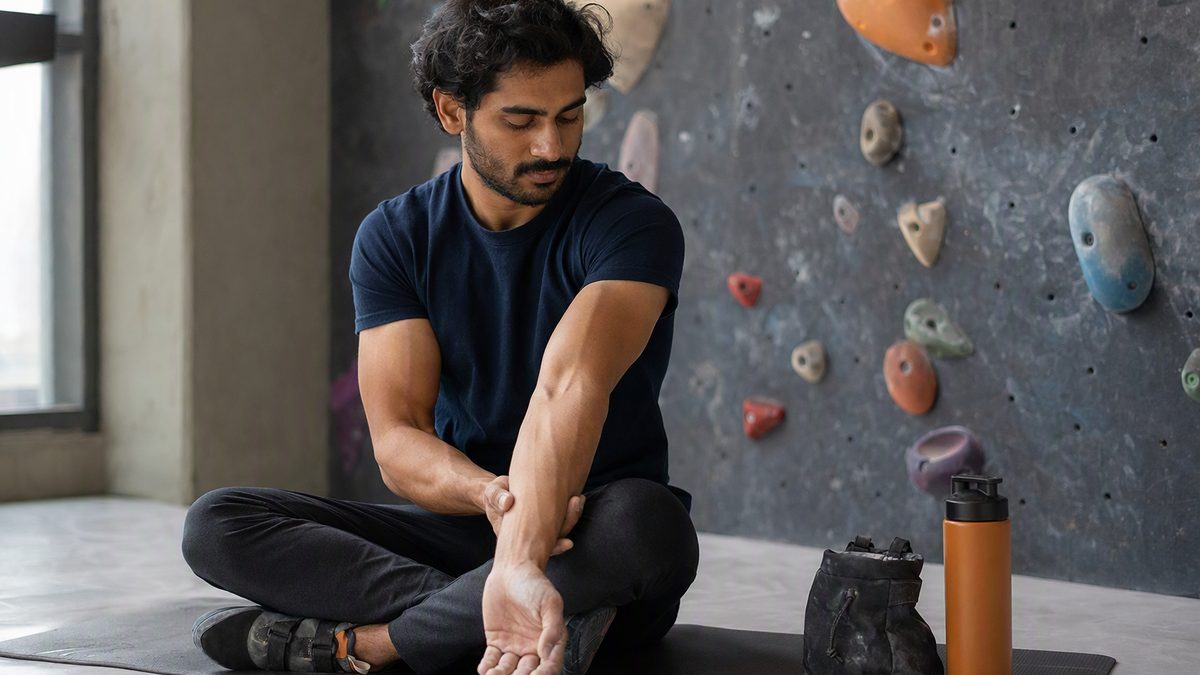 Adult Indian climber in a t-shirt gently stretching forearms on a gym mat beside an indoor bouldering wall with chalk bag and water bottle