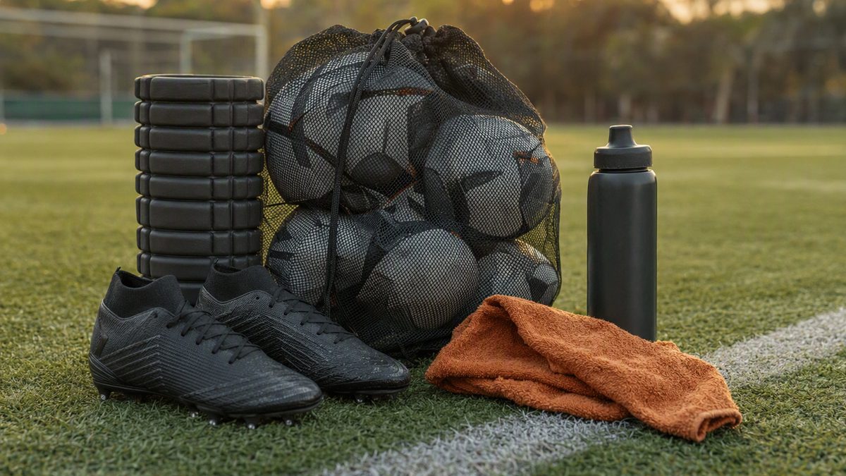 Football boots a foam roller and a mesh bag of footballs on the edge of a grass pitch at golden hour with a water bottle and towel and no people