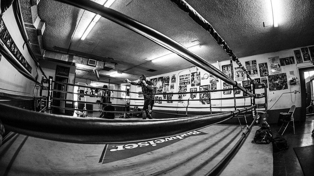 Black-and-white fisheye boxing gym ring