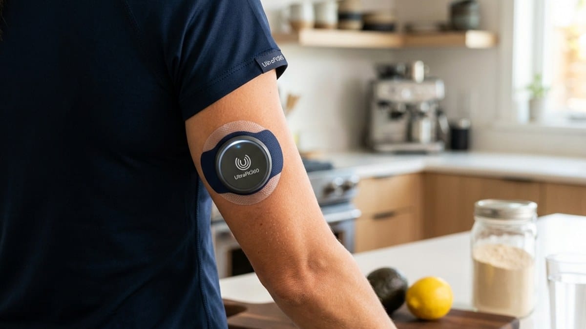 Athlete checking glucose tracking app on smartphone after a morning run, with CGM sensor visible on upper arm
