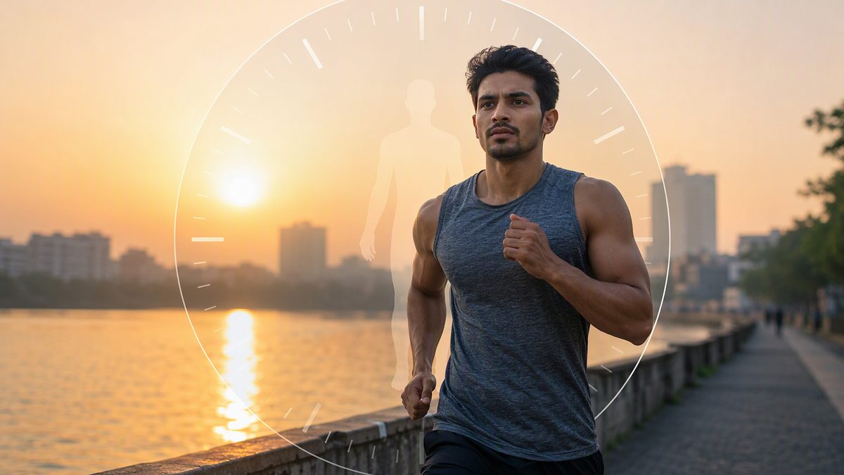 Athlete training at sunrise with clock/body-clock overlay