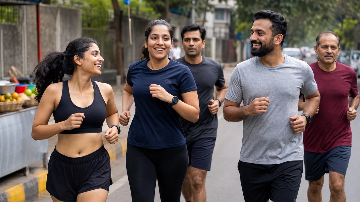 Run club group jogging together on city street