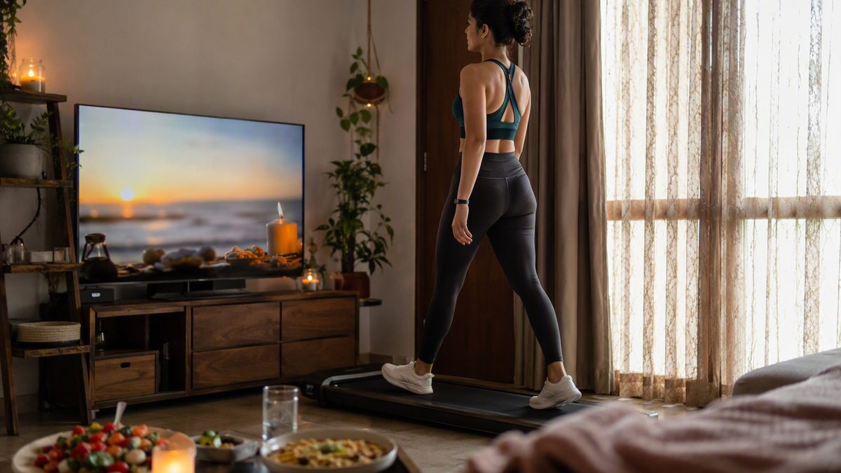 Cozy home cardio: walking pad, candles, blanket, TV