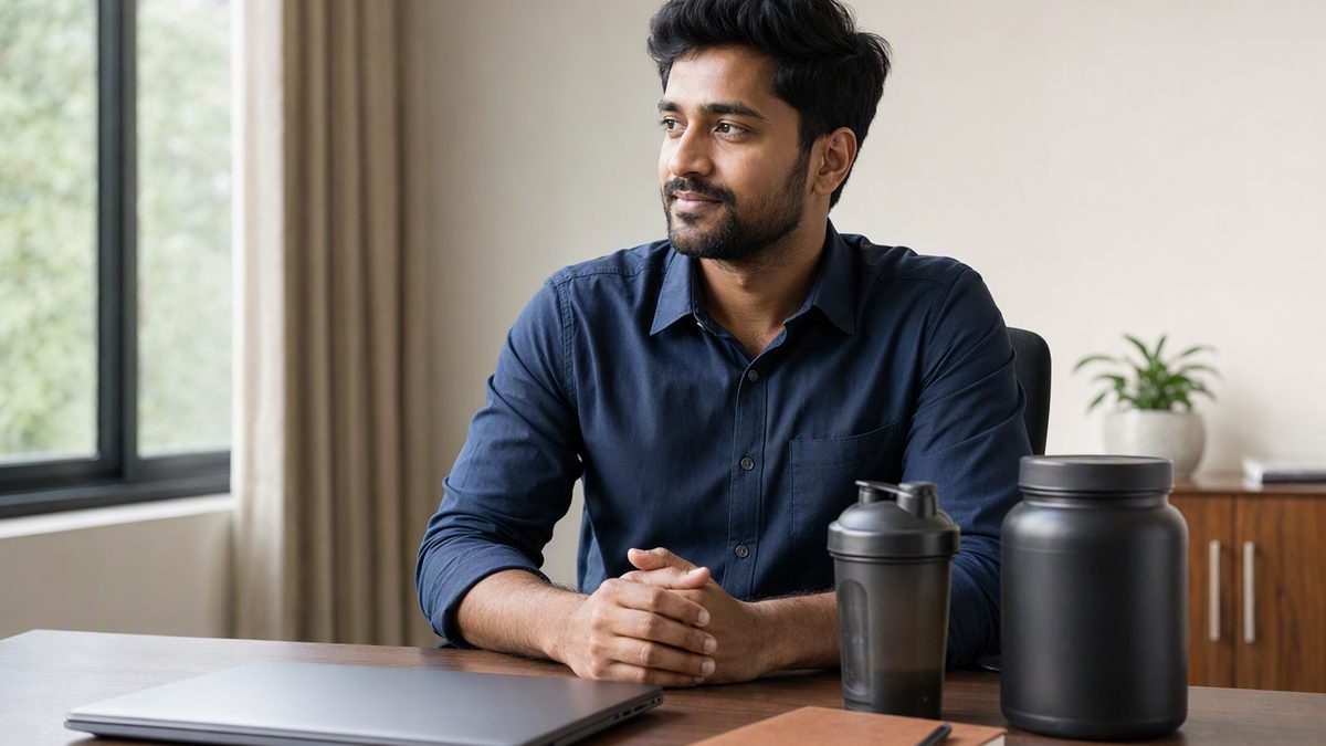 Adult Indian office worker in a shirt at a desk with a laptop closed and a shaker bottle and plain unlabelled supplement tub beside a notebook