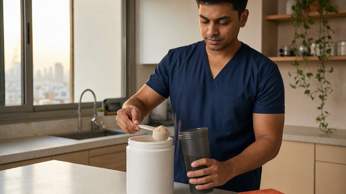 Adult Indian man in a hospital-style navy uniform shirt at a kitchen counter at dawn scooping powder from a plain unlabelled tub into a shaker bottle