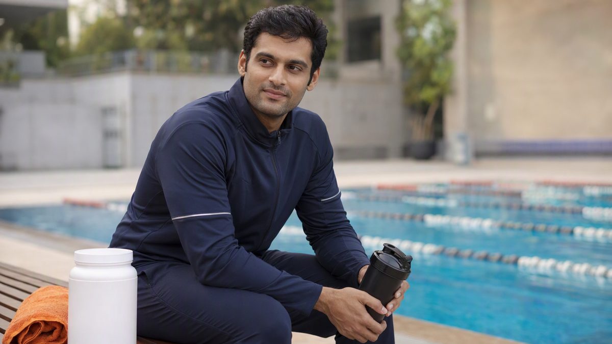 Adult Indian swimmer in a tracksuit sitting poolside with a shaker bottle and a plain unlabelled supplement tub and towel on a bench beside a lap pool