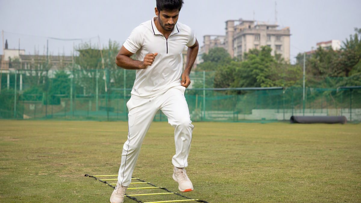Cricketer doing agility ladder or sprint drills