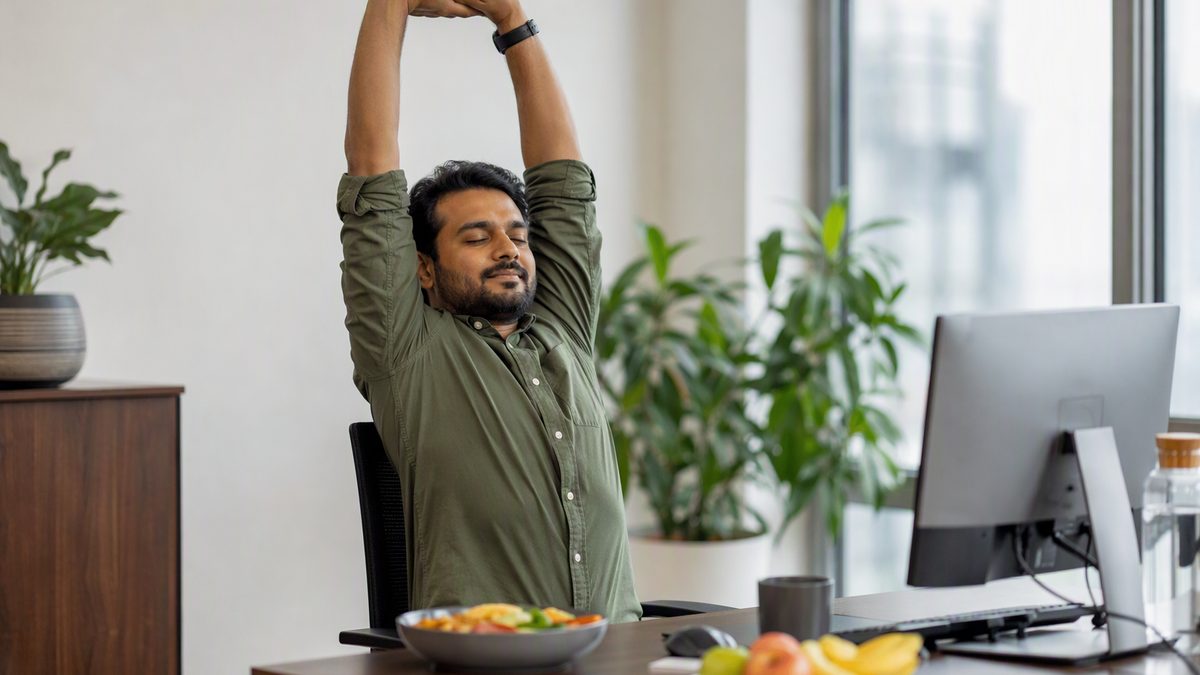 IT worker doing seated yoga stretch at desk