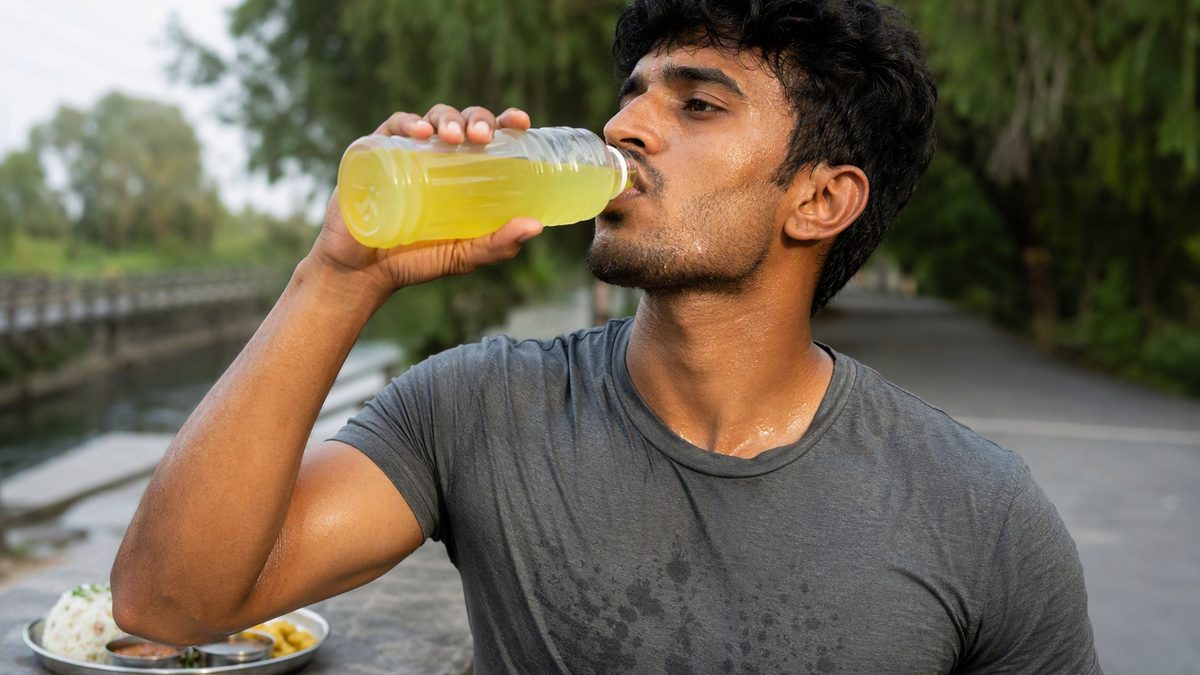 Athlete sipping electrolyte drink mid-workout, sweat visible