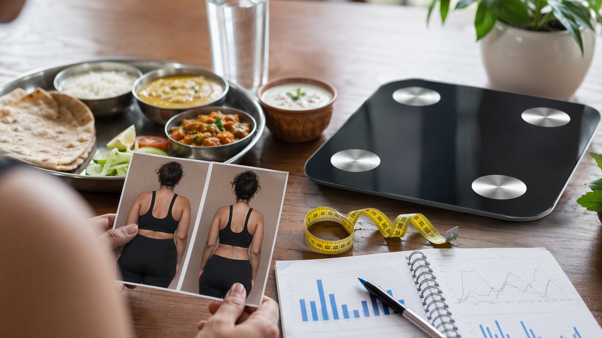 Tape measure, smart scale and progress photos with charts