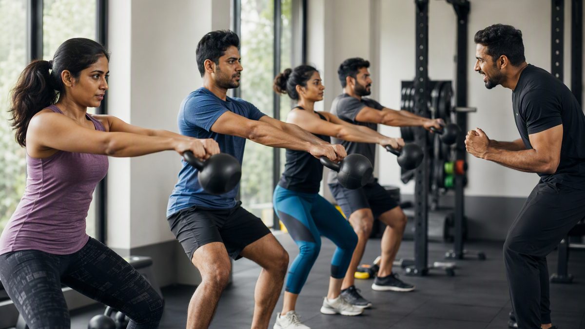 Indoor group fitness class doing kettlebell swings together while the instructor cheers them on