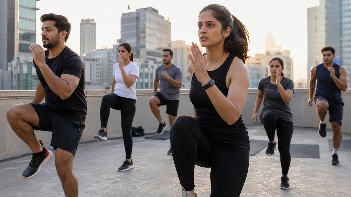 Office workers in workout clothes doing an early-morning bootcamp class on a city rooftop