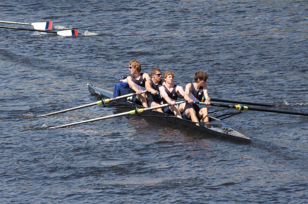 Rowing quad on river