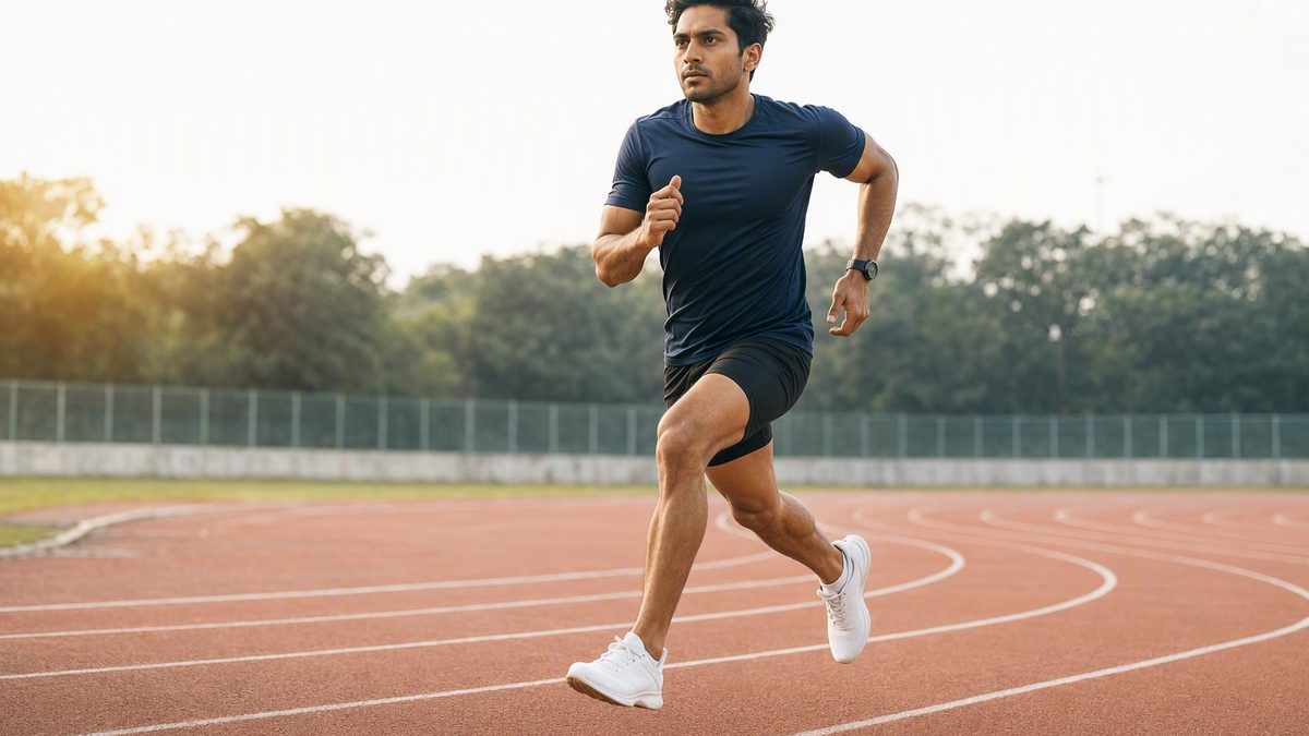Adult Indian runner sprinting on an empty athletics track at morning light in running kit with a stopwatch on the wrist