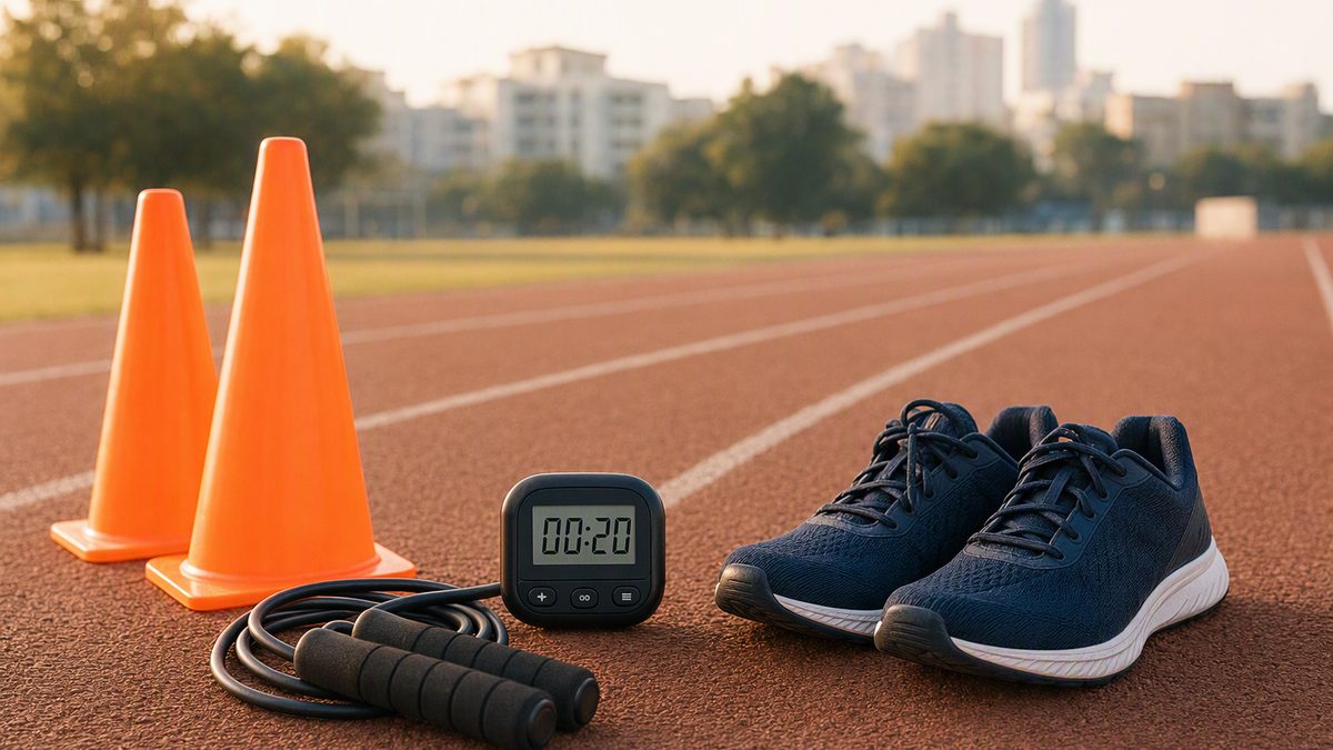 Interval timer a skipping rope cones and running shoes laid out on a sports track at morning light with no people