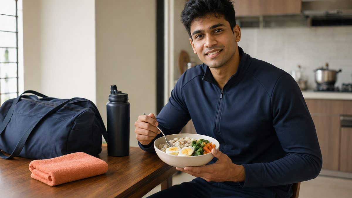 Adult Indian swimmer in a tracksuit holding a bowl of eggs rice and vegetables at a kitchen table with a swim bag and towel beside him