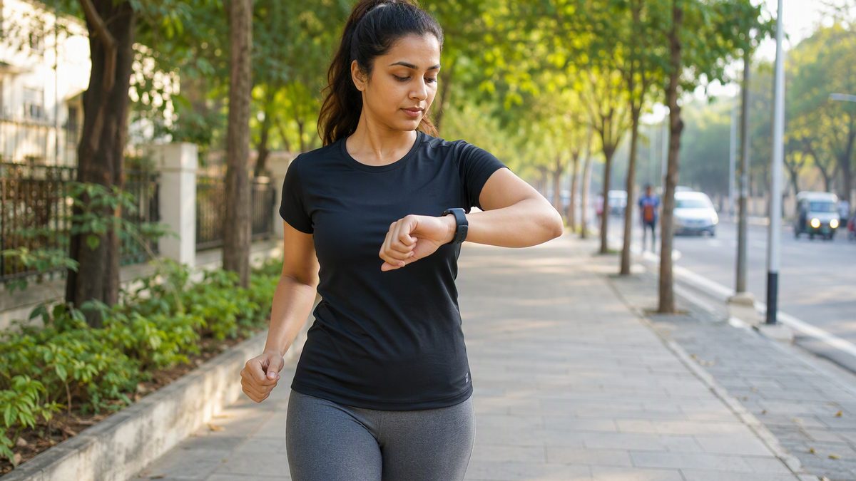 Person brisk walking on a tree-lined city pavement in the morning, glancing at a step count on a smartwatch