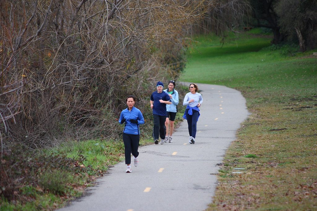 Group jogging on paved park path