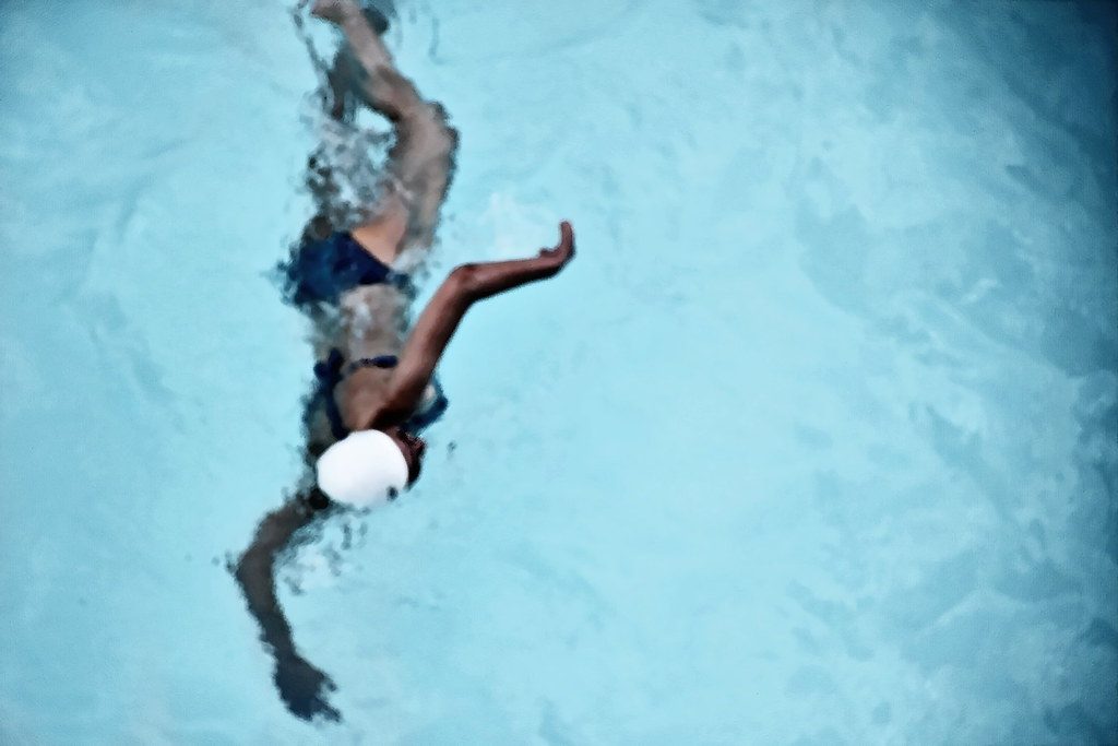 Overhead view of swimmer in pool