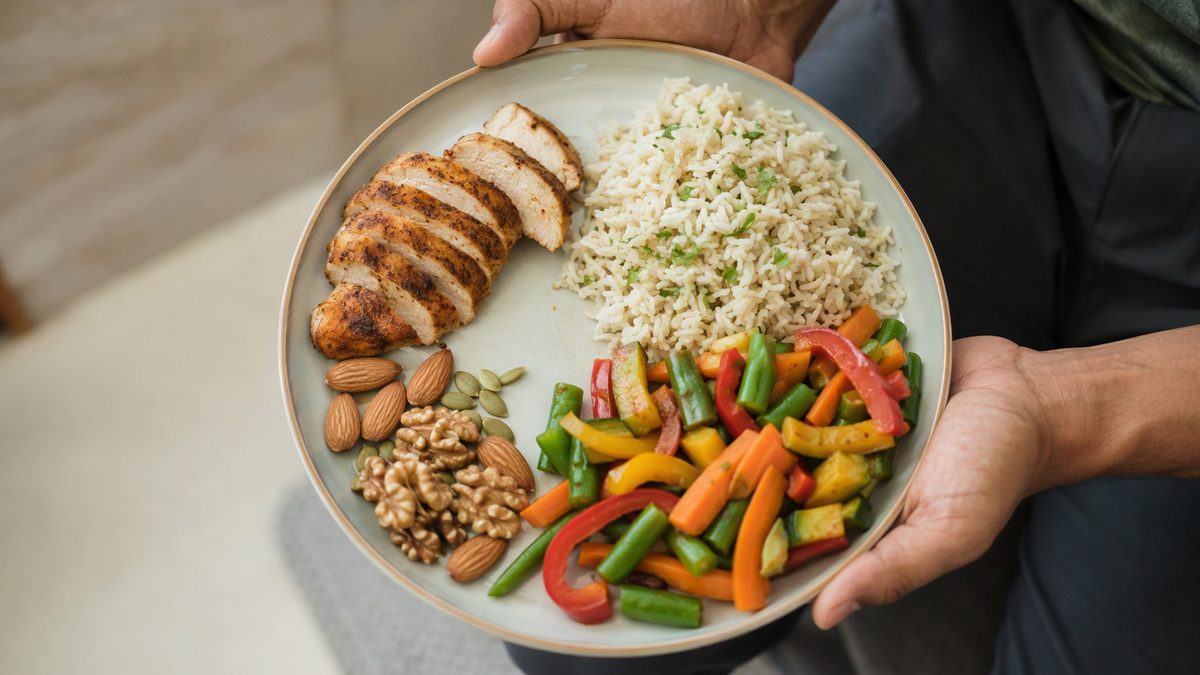 Balanced plate showing protein, carbs and fats