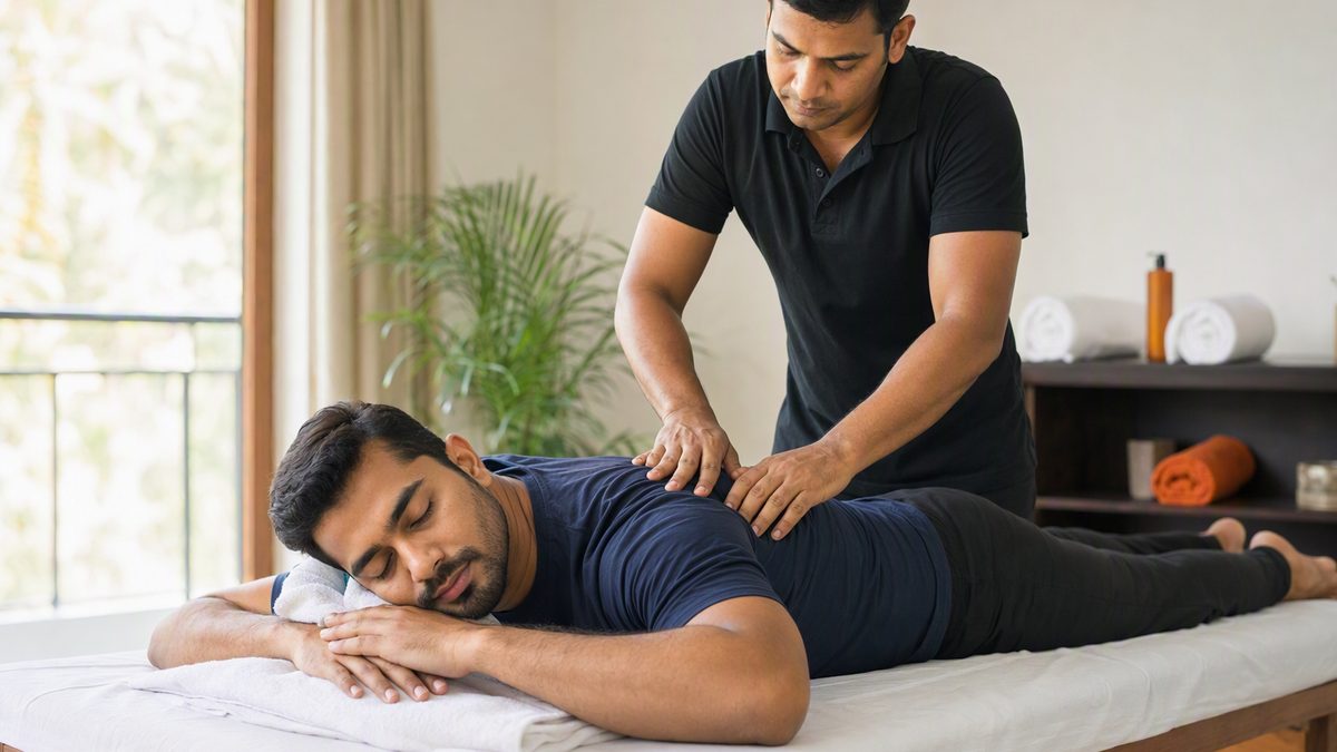 Adult Indian man in a t-shirt lying fully clothed on a massage table receiving a shoulder massage from a therapist in a calm bright studio with towels