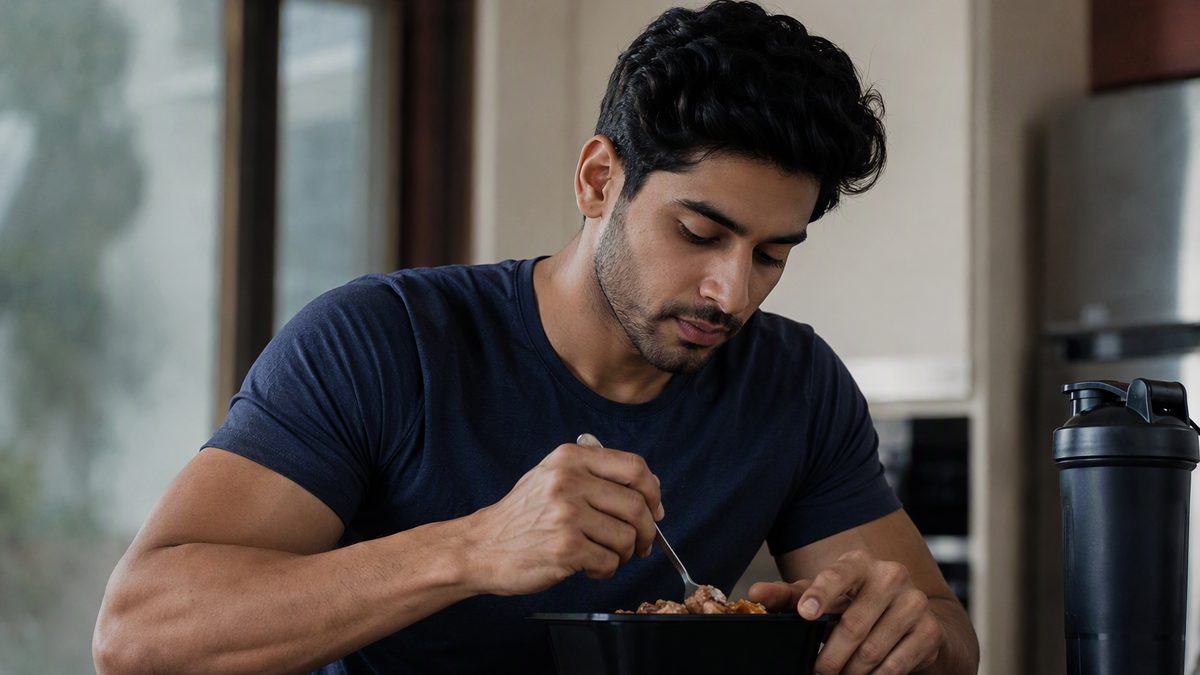 Man eating high-protein meal prep after workout