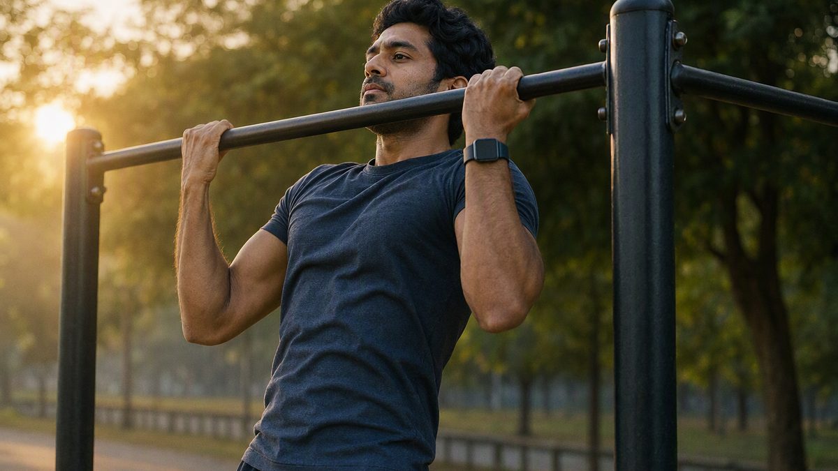 Adult Indian man in a t-shirt doing a pull-up on a park calisthenics bar at sunrise with a smartwatch on his wrist