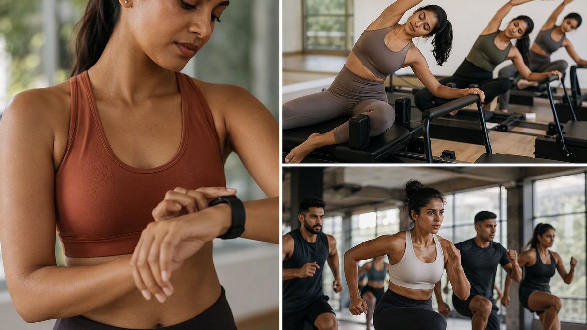Collage of modern fitness: wearables, Pilates, HIIT class