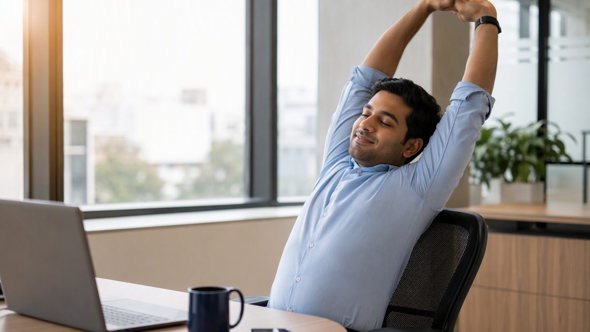 Office worker stretching at desk in morning