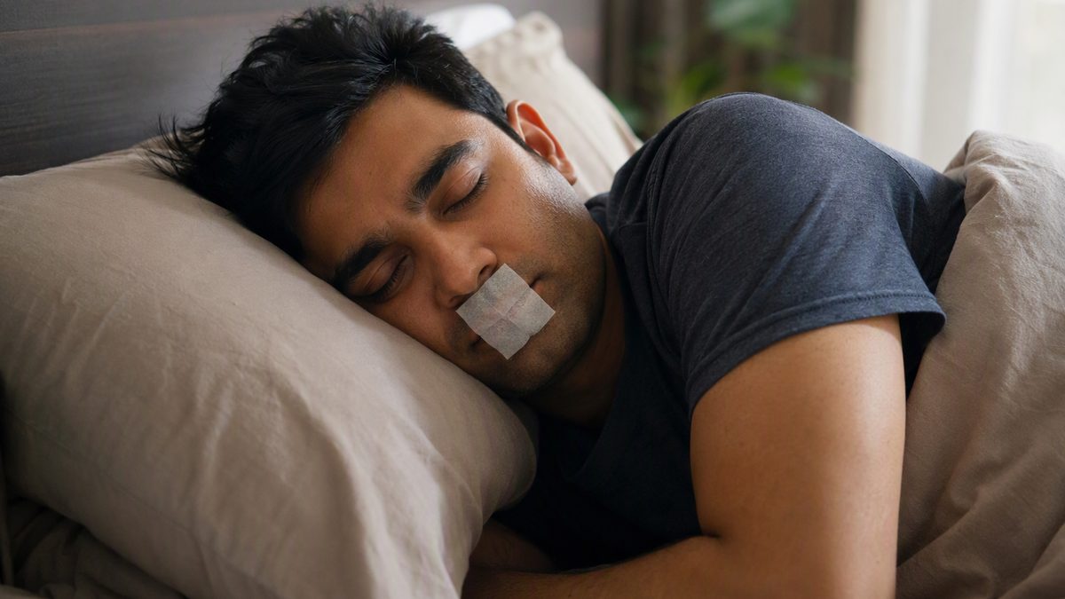 Person sleeping with mouth tape on lips