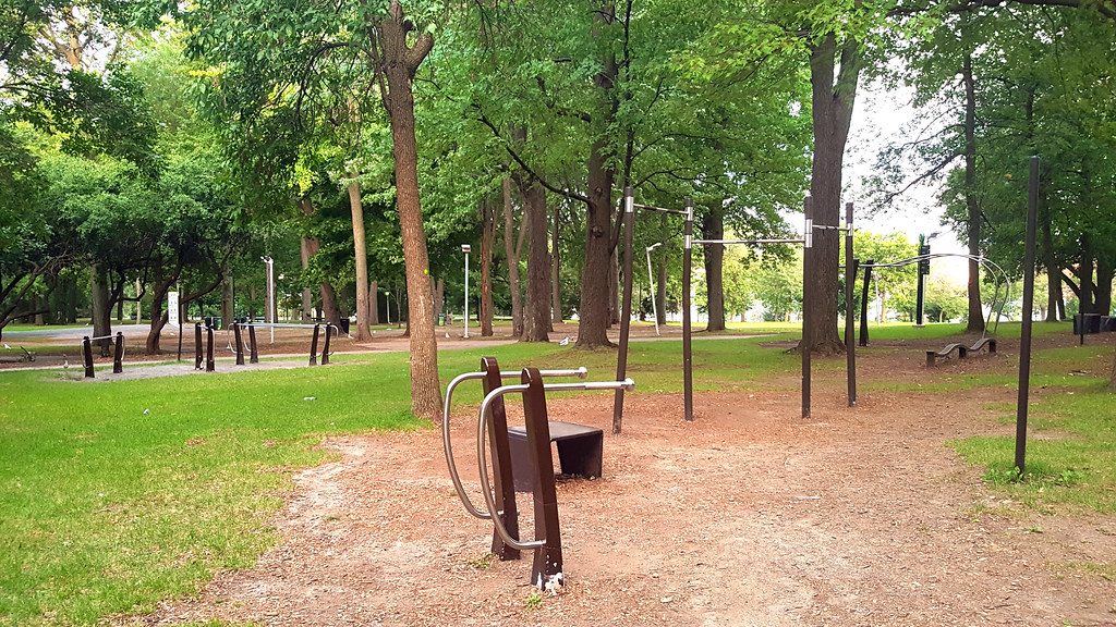 Empty outdoor park fitness equipment