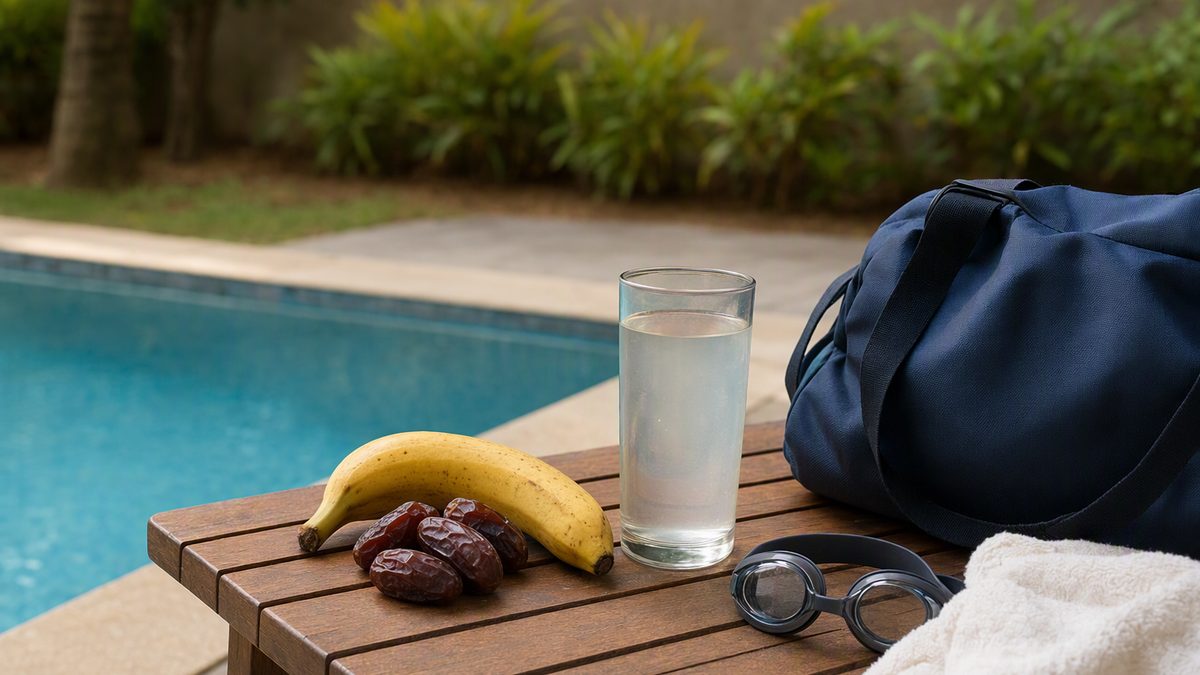 Banana dates and a glass of coconut water on a poolside bench beside a swim bag goggles and a towel with no people