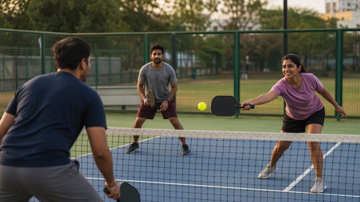 Group of friends playing pickleball on an outdoor court in evening light