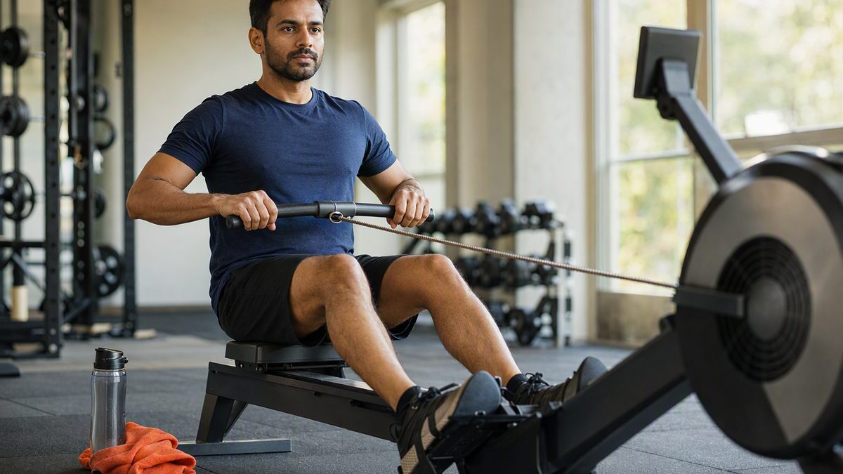 Adult Indian runner in running kit on an indoor rowing machine in a bright gym with running shoes and a water bottle beside it