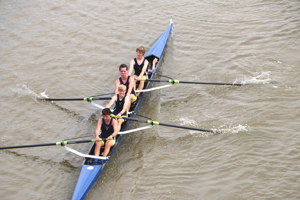 Rowing four on river from above