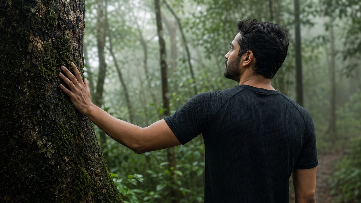 Person walking slowly through a misty green forest, hand resting on tree bark