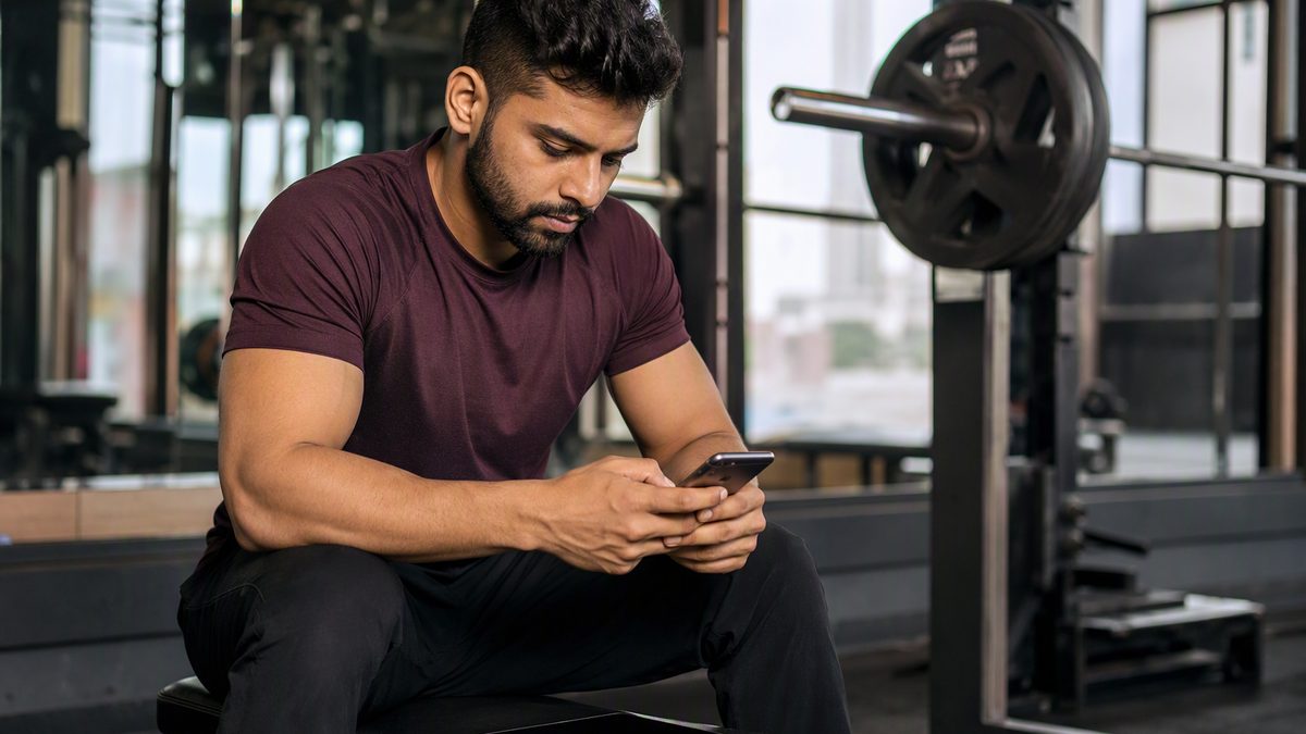 Person in a gym reading a training plan on a phone app between sets, tablet on the bench