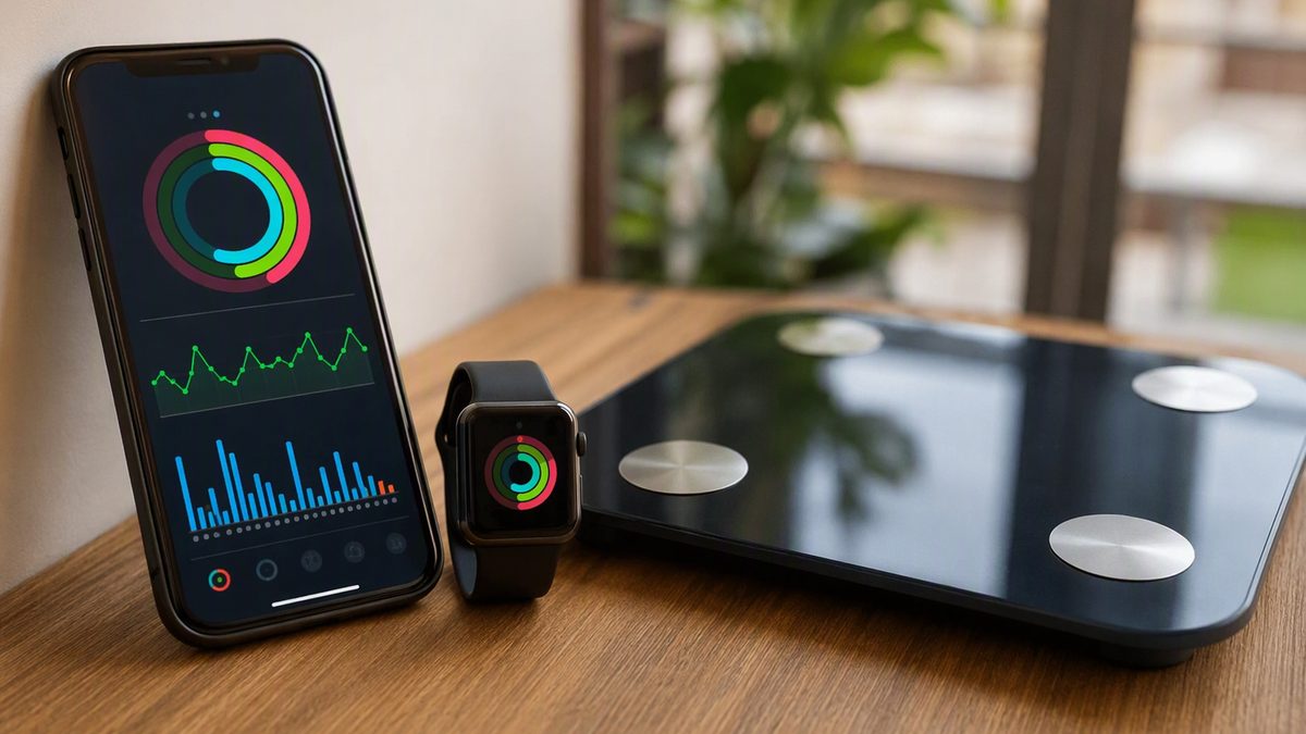 Phone with a health dashboard of rings and graphs beside a smartwatch and a smart scale