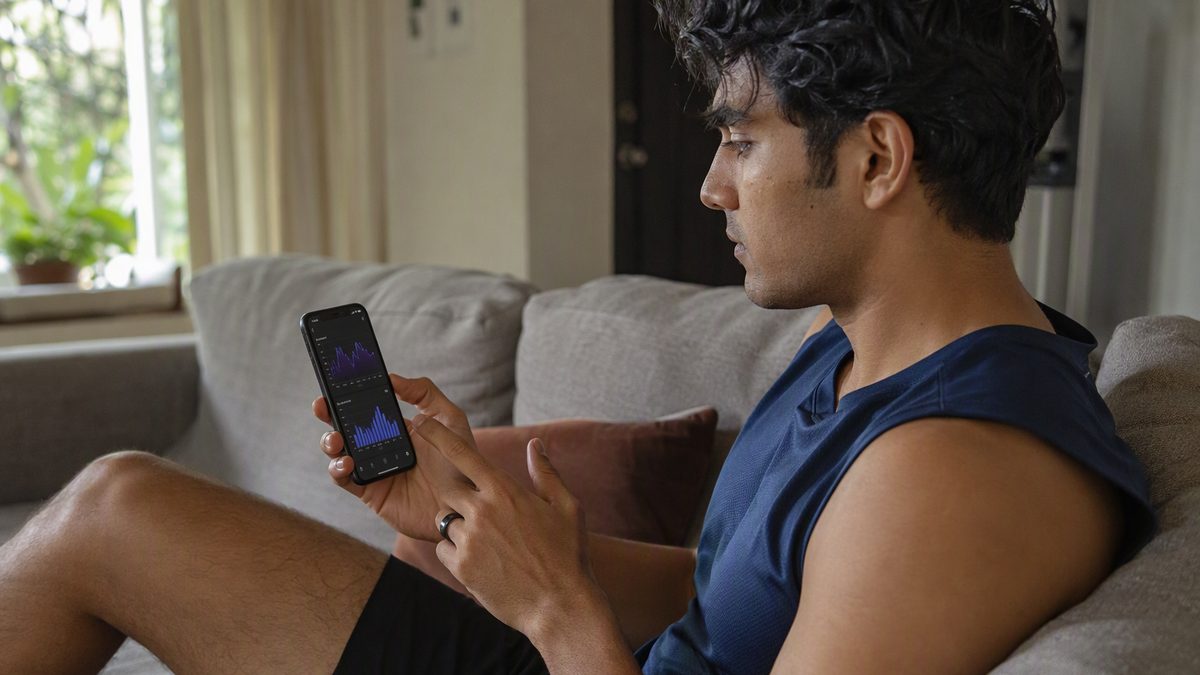 Athlete on a sofa checking recovery and heart-rate variability graphs on a phone, wearing a smart ring