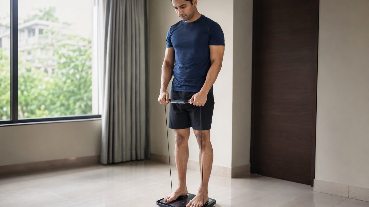 Person in workout clothes standing on a smart body-composition scale holding its handles