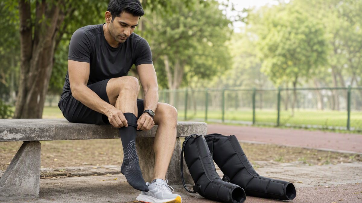 Runner pulling on compression sleeves on a bench after a run, compression boots beside them