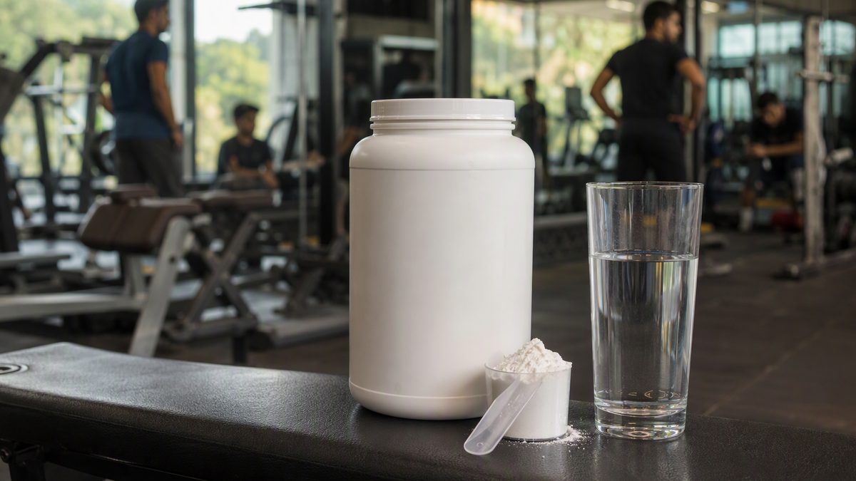 Unlabelled creatine tub with a scoop of white powder and a glass of water on a gym bench