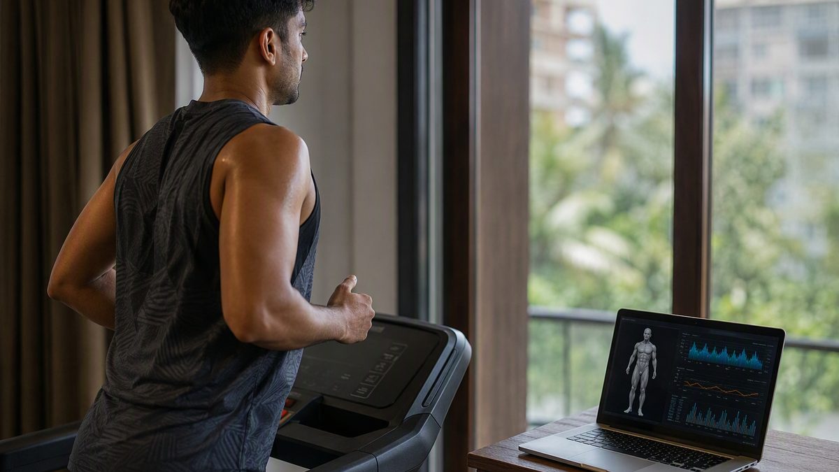 Athlete on a treadmill with a laptop beside them showing a 3D body model and data graphs