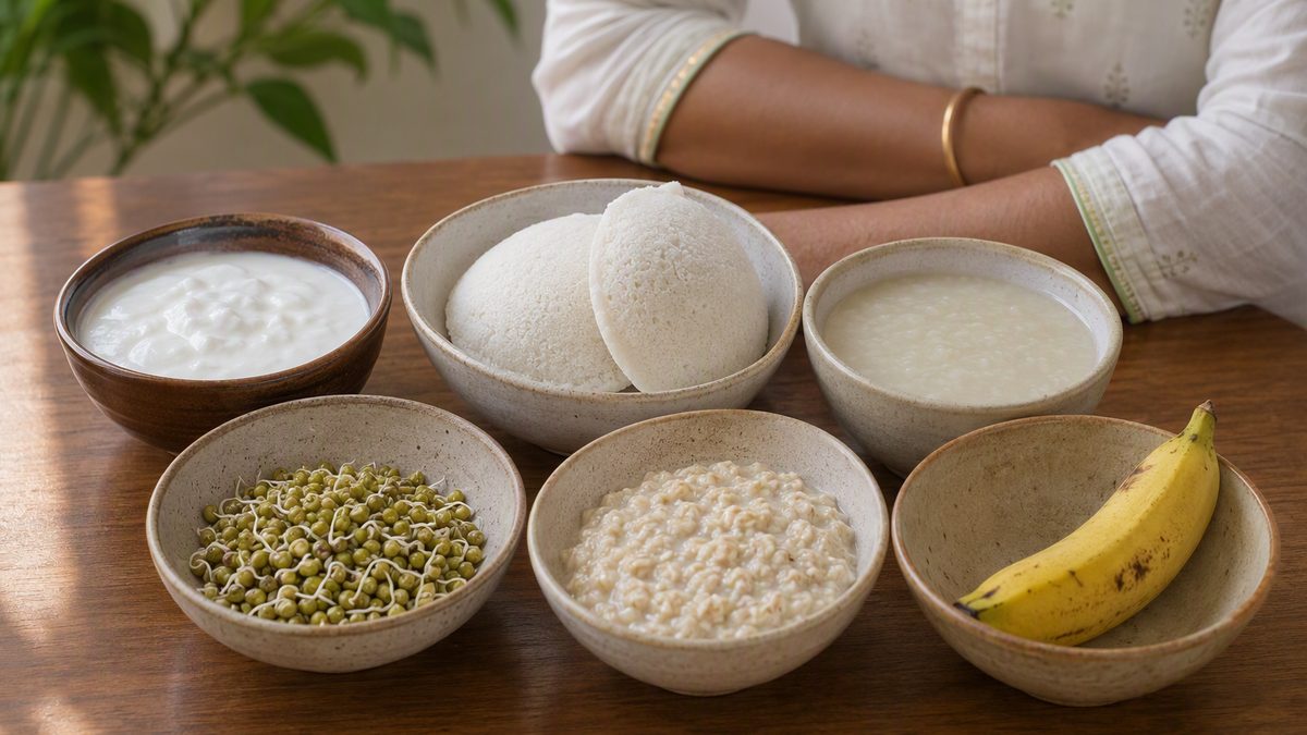 Bowls of curd, idli, kanji, sprouts, banana and oats on a table, fermented and fibre-rich foods